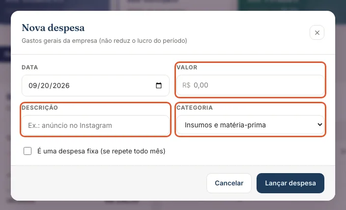Print do Atteliq mostrando: Lance despesas da empresa