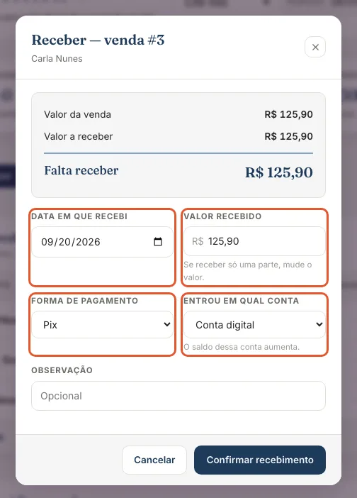 Print do Atteliq mostrando: Preencha o recebimento