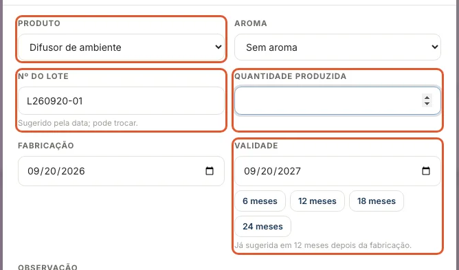 Print do Atteliq mostrando: Preencha a produção