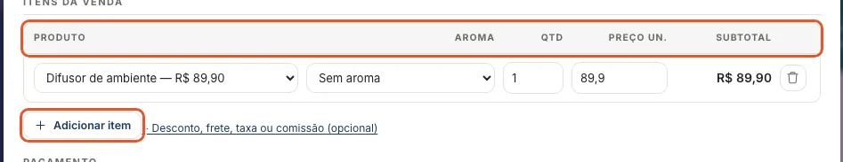 Print do Atteliq mostrando: Adicione os itens